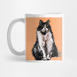 Tuxedo Cat Cute Drawing - on Apricot orange Mug